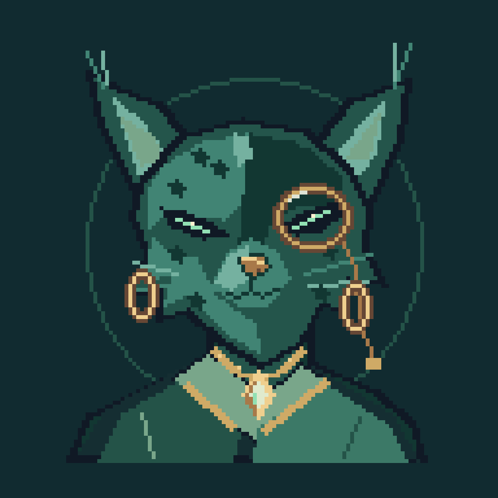 Jade lynx wearing a monocle